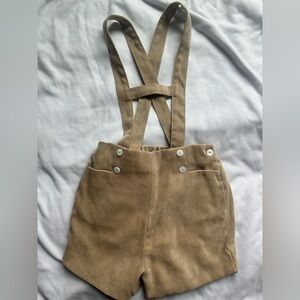 Beige Linen Suspender Short- Classic European Style, 2-3T